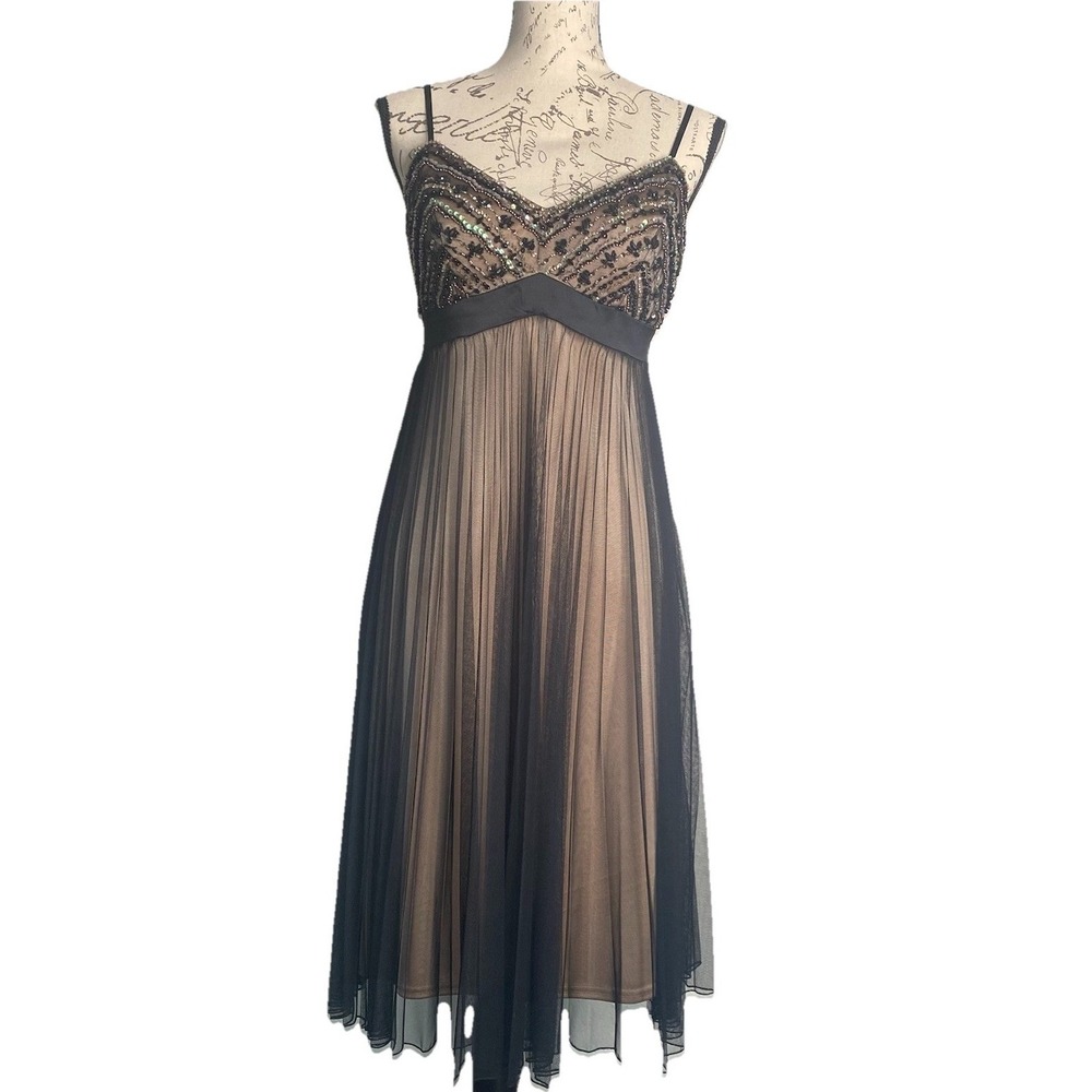 SUE WONG NOCTURNE Black Nude Beaded‎ Sequin Embellished Pleated Mesh Dress  8 US